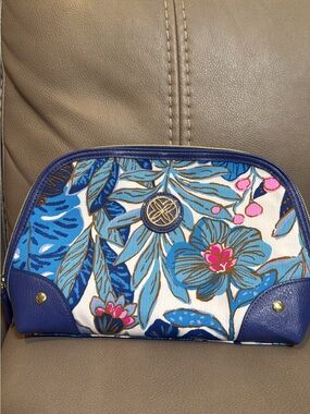 Lilly Pulitzer Blue Floral Cosmetic Pouch with Pink Accents